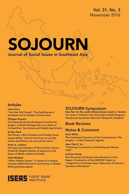 [eJournals]SOJOURN: Journal of Social Issues in Southeast Asia Vol. 31/3 (November 2016) (<i>The Divine Eye and the Diaspora: Vietnamese Syncretism Becomes Transpacific Caodaism</i>. By Janet A. Hoskins. Review essays by Hue-Tam Ho Tai and Justin McDan